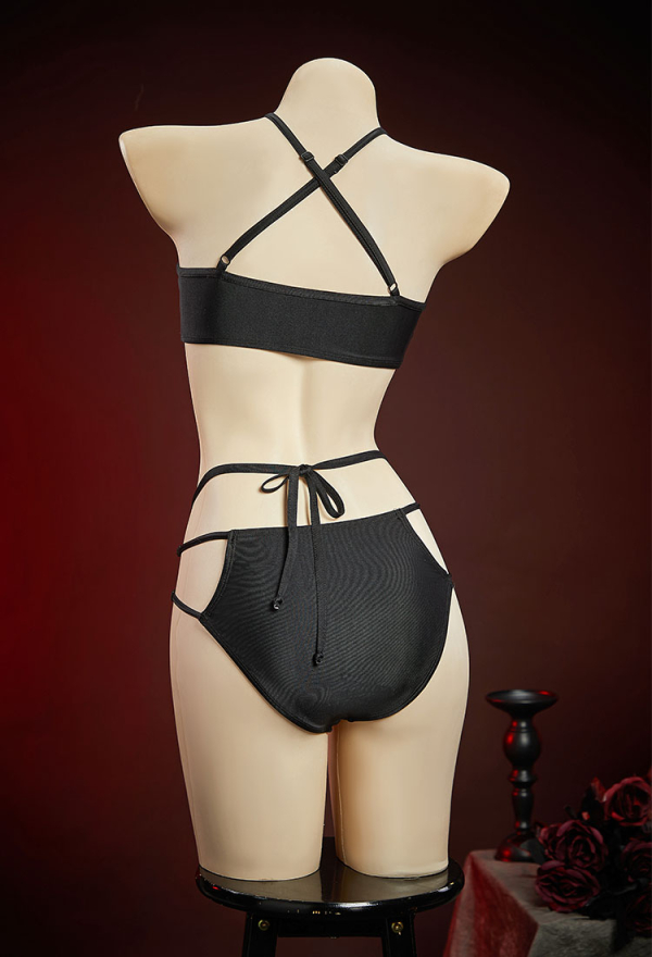 Night Spinner Gothic Black Spiderweb Design Two-Piece Swimsuit Cutout Halter Top and Briefs Bathing Suit with Wrap Skirt