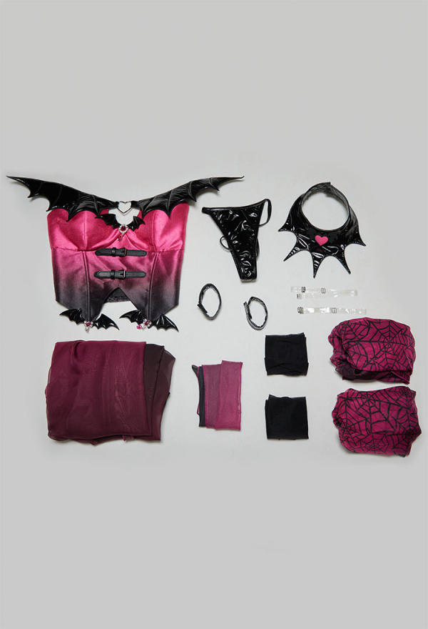 Haunted Night Pink Black Gradient Dancer Style Set Bat Shaped Top and Panty with Skirt and Collar