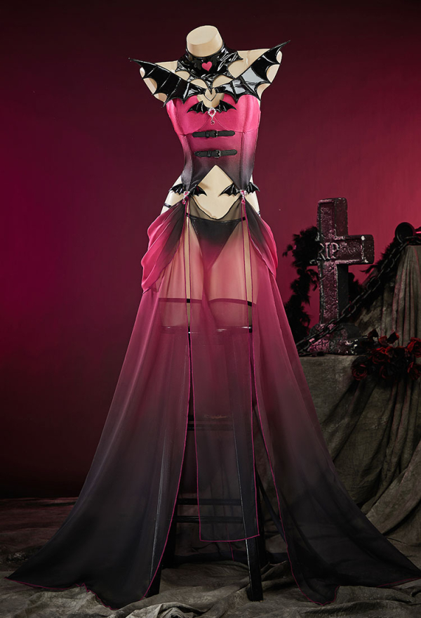 Haunted Night Pink Black Gradient Dancer Style Set Bat Shaped Top and Panty with Skirt and Collar