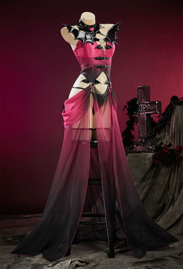 Haunted Night Pink Black Gradient Dancer Style Set Bat Shaped Top and Panty with Skirt and Collar