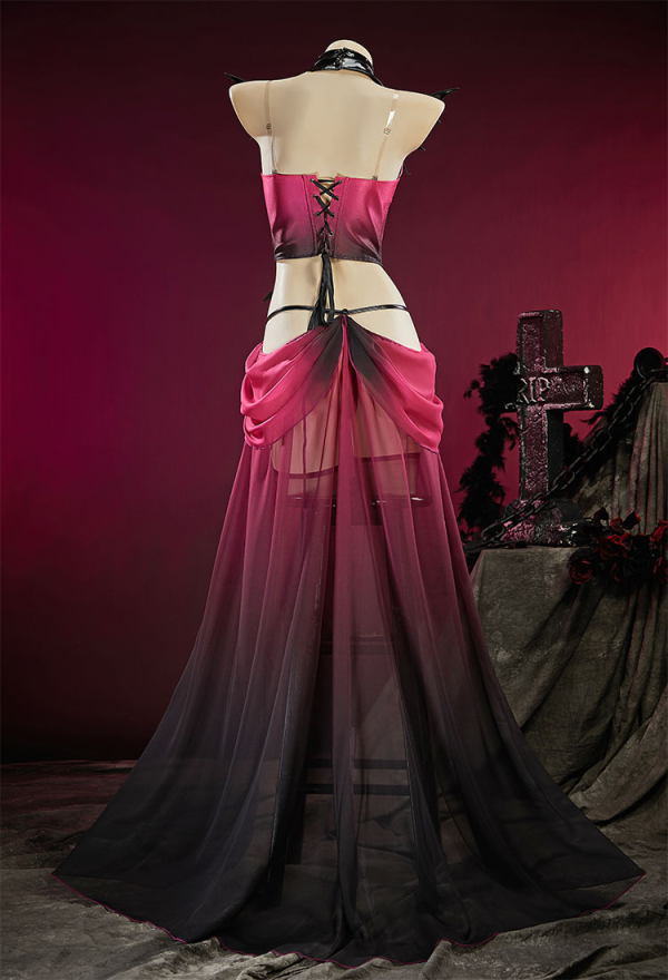 Haunted Night Pink Black Gradient Dancer Style Set Bat Shaped Top and Panty with Skirt and Collar