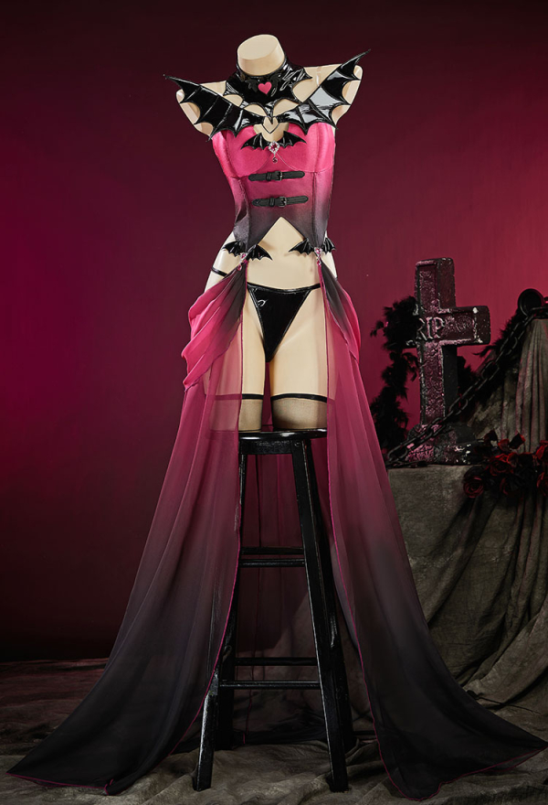 Haunted Night Pink Black Gradient Dancer Style Set Bat Shaped Top and Panty with Skirt and Collar