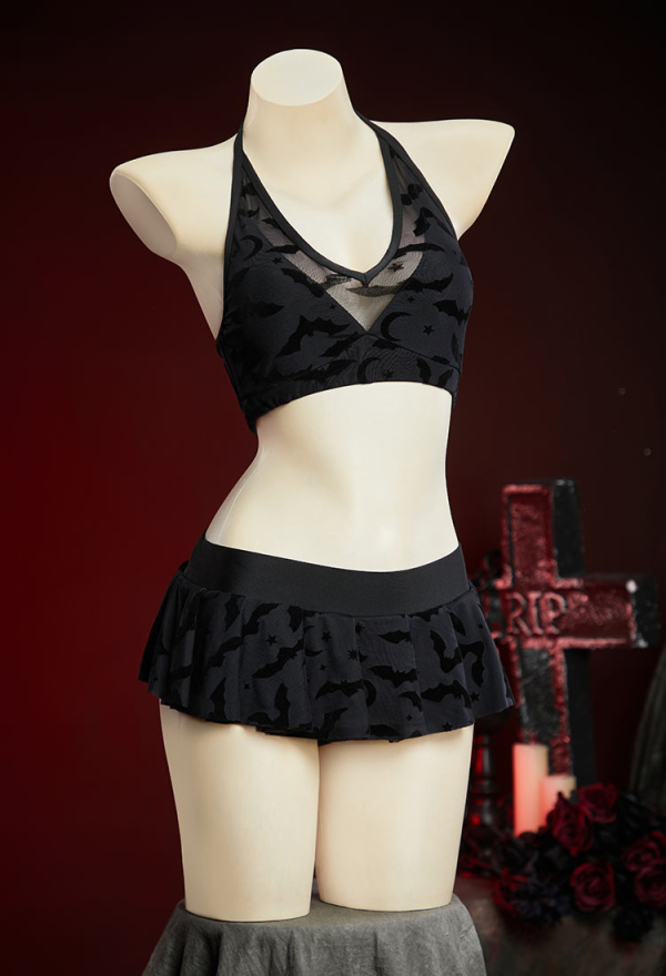 Nocturnal Waves Gothic Black Bat Star Moon Pattern Two-Piece Swimsuit Halter Top and Mini Skirt Bathing Suit Nocturnal Waves Gothic Black Bat Star Moon Pattern Two-Piece Swimsuit Halter Top and Mini Skirt Bathing Suit