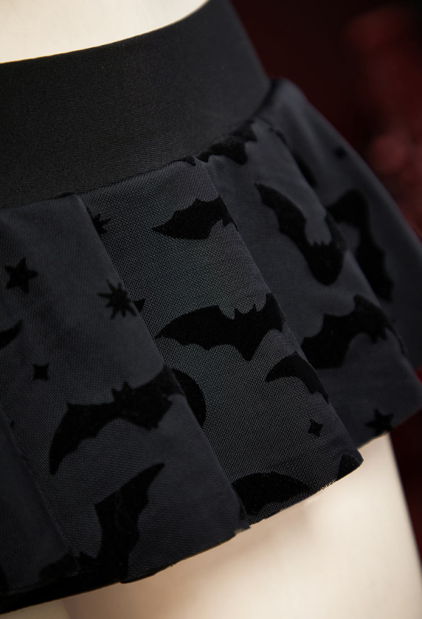 Nocturnal Waves Gothic Black Bat Star Moon Pattern Two-Piece Swimsuit Halter Top and Mini Skirt Bathing Suit Nocturnal Waves Gothic Black Bat Star Moon Pattern Two-Piece Swimsuit Halter Top and Mini Skirt Bathing Suit