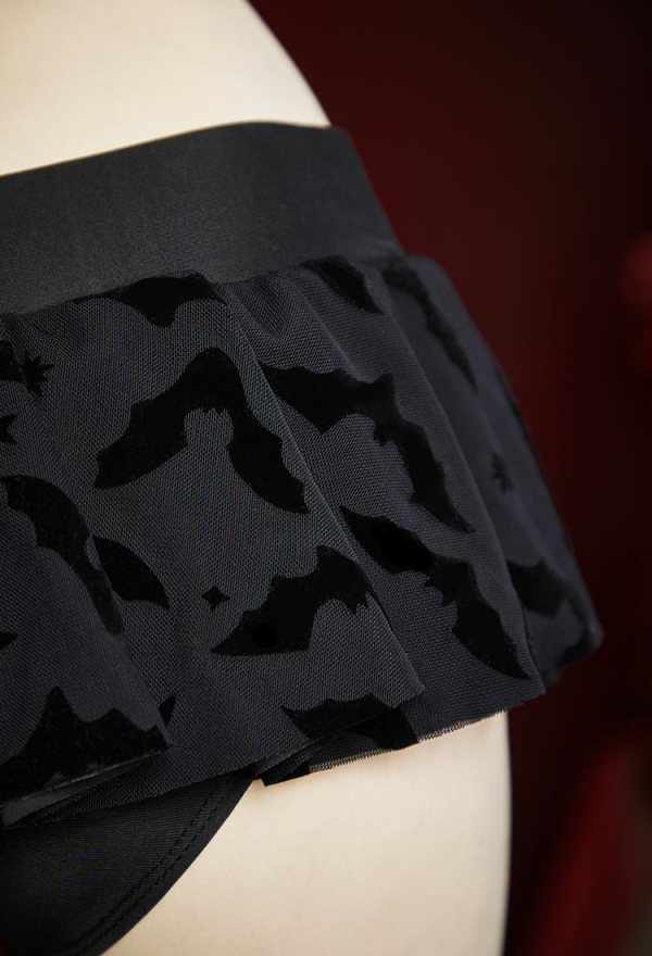 Nocturnal Waves Gothic Black Bat Star Moon Pattern Two-Piece Swimsuit Halter Top and Mini Skirt Bathing Suit Nocturnal Waves Gothic Black Bat Star Moon Pattern Two-Piece Swimsuit Halter Top and Mini Skirt Bathing Suit