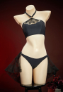 Moonlit Mass Gothic Black Church-embroidered Pattern Two-piece Swimsuit Halter Top and Panty Bathing Suit with Wrap Skirt