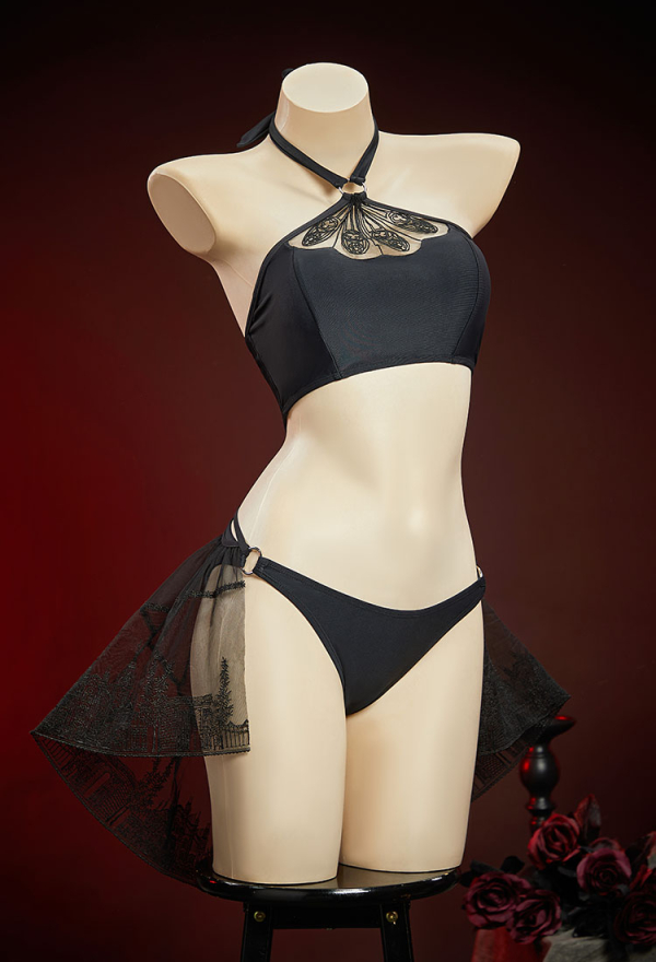Moonlit Mass Gothic Black Church-embroidered Pattern Two-piece Swimsuit Halter Top and Panty Bathing Suit with Wrap Skirt