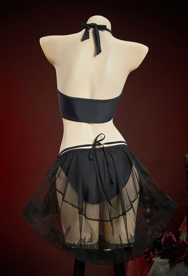 Moonlit Mass Gothic Black Church-embroidered Pattern Two-piece Swimsuit Halter Top and Panty Bathing Suit with Wrap Skirt