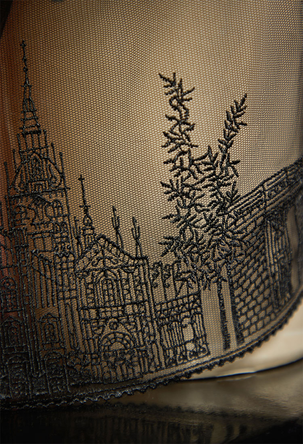 Moonlit Mass Gothic Black Church-embroidered Pattern Two-piece Swimsuit Halter Top and Panty Bathing Suit with Wrap Skirt