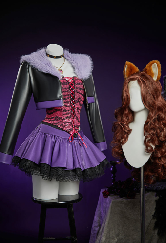Haunted Night Gothic Corset Skirt Set Patterned Off-shoulder Lace-Up Top and Layered Skirt with PU Leather Fur Collar Jacket