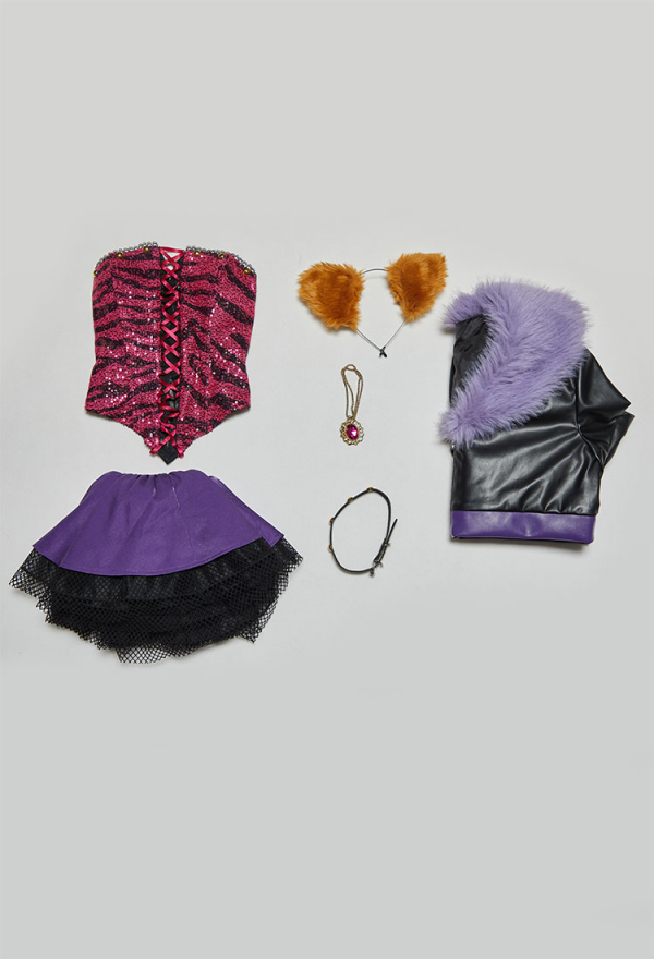 Haunted Night Gothic Corset Skirt Set Patterned Off-shoulder Lace-Up Top and Layered Skirt with PU Leather Fur Collar Jacket