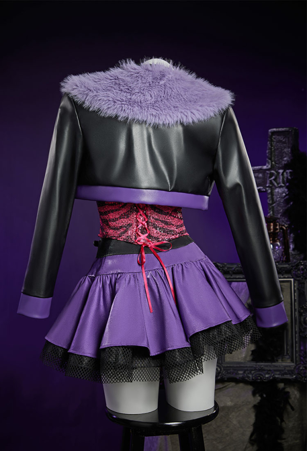 Haunted Night Gothic Corset Skirt Set Patterned Off-shoulder Lace-Up Top and Layered Skirt with PU Leather Fur Collar Jacket