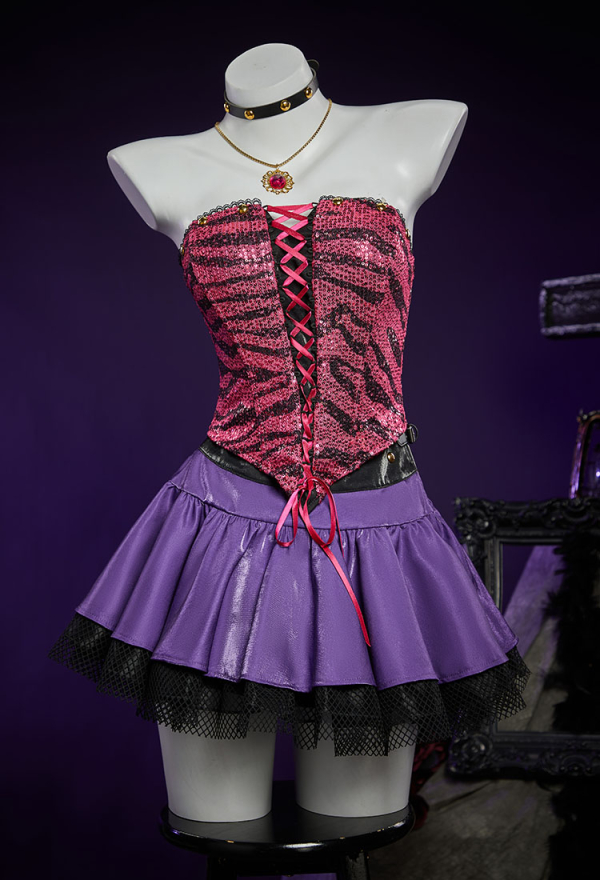 Haunted Night Gothic Corset Skirt Set Patterned Off-shoulder Lace-Up Top and Layered Skirt with PU Leather Fur Collar Jacket