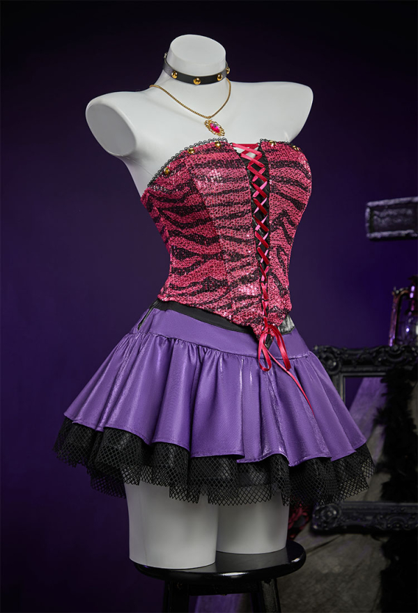 Haunted Night Gothic Corset Skirt Set Patterned Off-shoulder Lace-Up Top and Layered Skirt with PU Leather Fur Collar Jacket