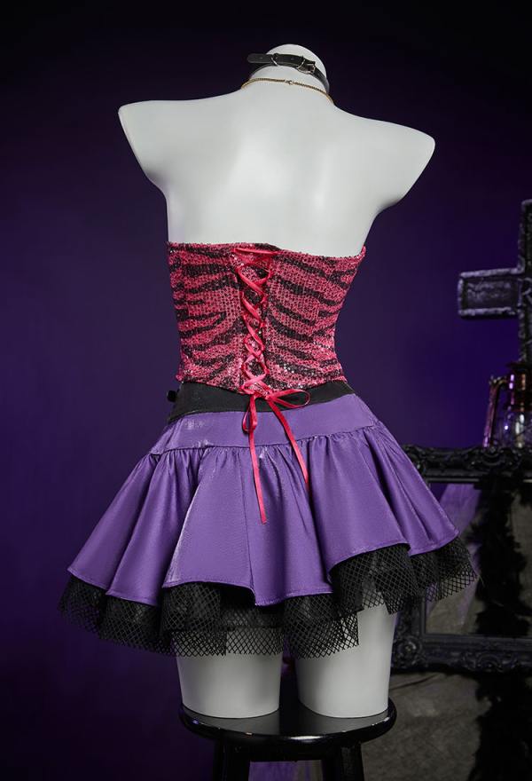 Haunted Night Gothic Corset Skirt Set Patterned Off-shoulder Lace-Up Top and Layered Skirt with PU Leather Fur Collar Jacket