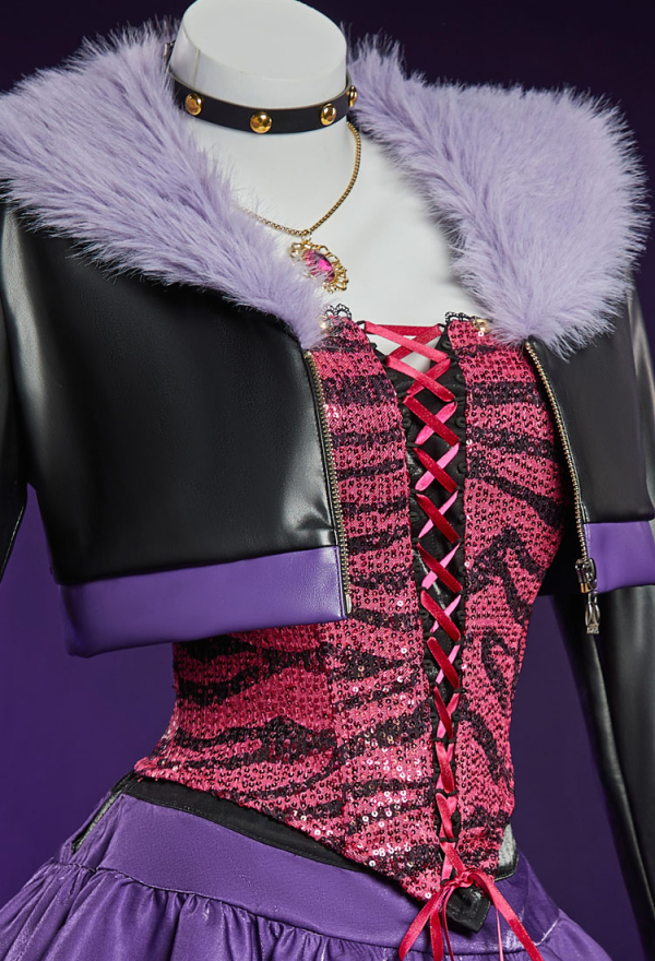 Haunted Night Gothic Corset Skirt Set Patterned Off-shoulder Lace-Up Top and Layered Skirt with PU Leather Fur Collar Jacket