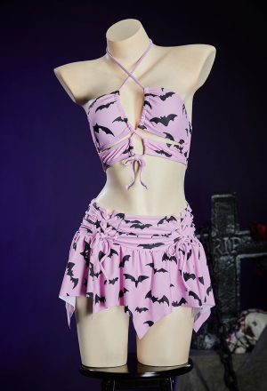 Wasteland Utopia Gothic Bat Pink Swimwear Set Two-Piece Bathing Suit with Halter Top and Mini Skirt