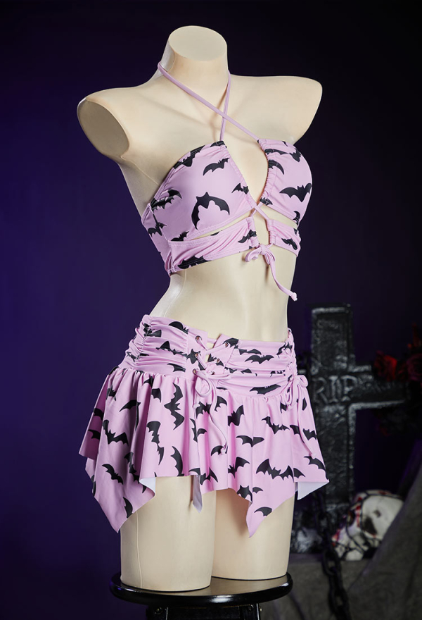 Wasteland Utopia Gothic Bat Pink Swimwear Set Two-Piece Bathing Suit with Halter Top and Mini Skirt Wasteland Utopia Gothic Bat Pink Swimwear Set Two-Piece Bathing Suit with Halter Top and Mini Skirt