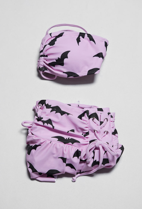 Wasteland Utopia Gothic Bat Pink Swimwear Set Two-Piece Bathing Suit with Halter Top and Mini Skirt Wasteland Utopia Gothic Bat Pink Swimwear Set Two-Piece Bathing Suit with Halter Top and Mini Skirt