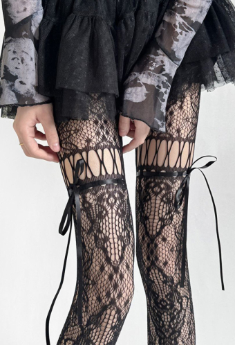 Gothic Black Jacquard Pantyhose Dark y2k Style Bow Tie Fishnet Stockings