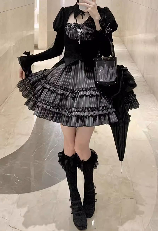 Moonlight Romance Gothic Black Striped Ruffle Lolita Dress Set Y2K Dark Style Puff Skirt with Long Sleeve Top Moonlight Romance Gothic Black Striped Ruffle Lolita Dress Set Y2K Dark Style Puff Skirt with Long Sleeve Top