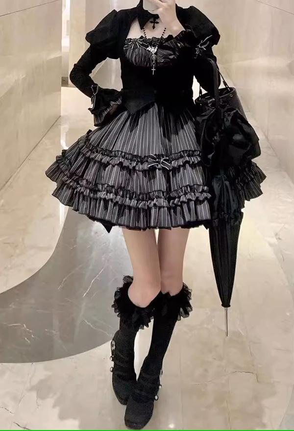 Moonlight Romance Gothic Black Striped Ruffle Lolita Dress Set Y2K Dark Style Puff Skirt with Long Sleeve Top Moonlight Romance Gothic Black Striped Ruffle Lolita Dress Set Y2K Dark Style Puff Skirt with Long Sleeve Top
