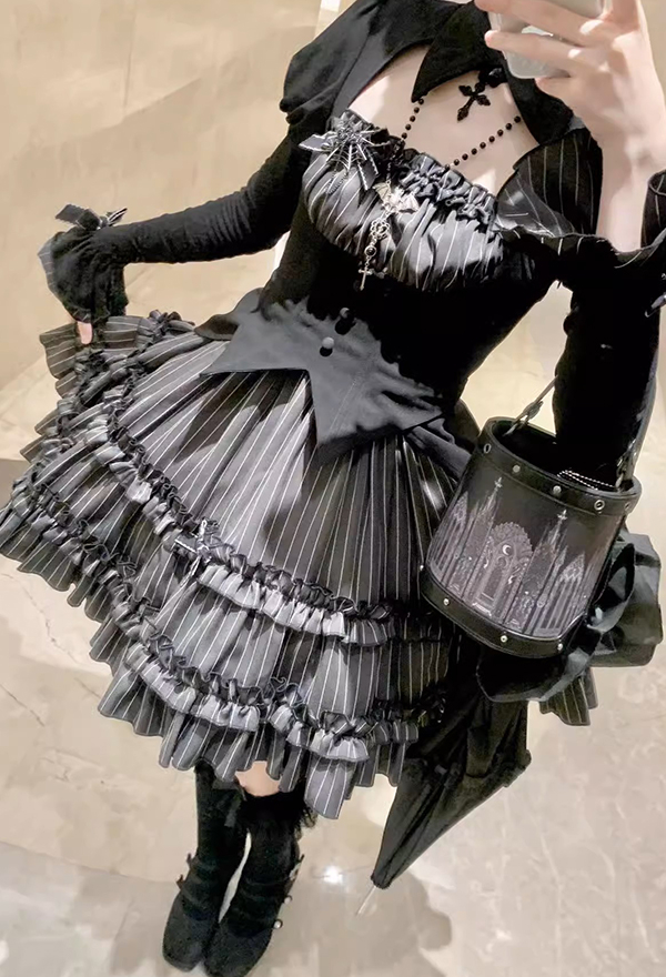 Moonlight Romance Gothic Black Striped Ruffle Lolita Dress Set Y2K Dark Style Puff Skirt with Long Sleeve Top Moonlight Romance Gothic Black Striped Ruffle Lolita Dress Set Y2K Dark Style Puff Skirt with Long Sleeve Top