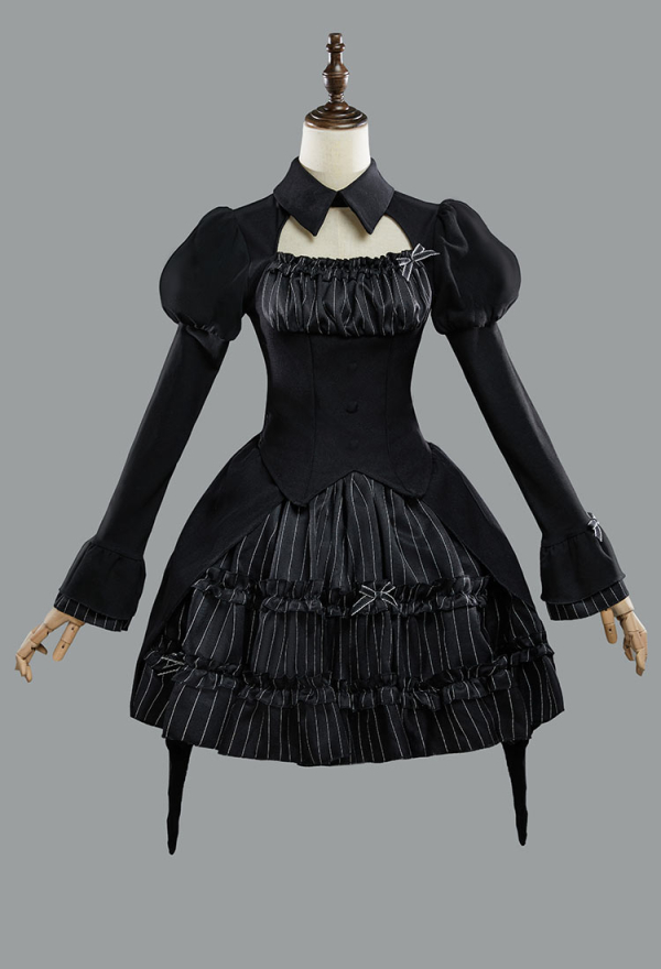 Moonlight Romance Gothic Black Striped Ruffle Lolita Dress Set Y2K Dark Style Puff Skirt with Long Sleeve Top Moonlight Romance Gothic Black Striped Ruffle Lolita Dress Set Y2K Dark Style Puff Skirt with Long Sleeve Top