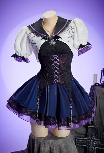 Haunted Night Gothic Corset Skirt Set Spider Web Lace-Up Top and Layered Skirt with Short-sleeved Jacket