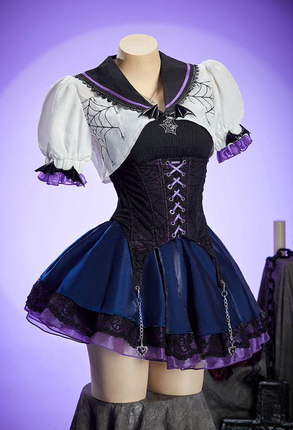 Haunted Night Gothic Corset Skirt Set Spider Web Lace-Up Top and Layered Skirt with Short-sleeved Jacket Haunted Night Gothic Corset Skirt Set Spider Web Lace-Up Top and Layered Skirt with Short-sleeved Jacket