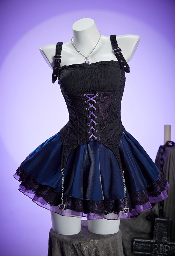 Haunted Night Gothic Corset Skirt Set Spider Web Lace-Up Top and Layered Skirt with Short-sleeved Jacket Haunted Night Gothic Corset Skirt Set Spider Web Lace-Up Top and Layered Skirt with Short-sleeved Jacket