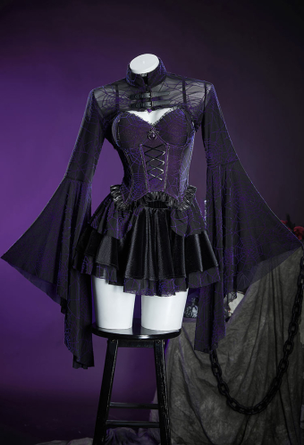 Gothic Black Purple Corset Skirt Set Spiderweb Pattern Cami Corset and Skirt with Cover-Up