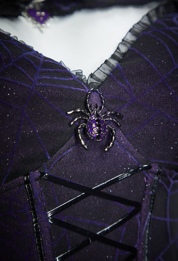 Gothic Black Purple Corset Skirt Set Spiderweb Pattern Cami Corset and Skirt with Cover-Up