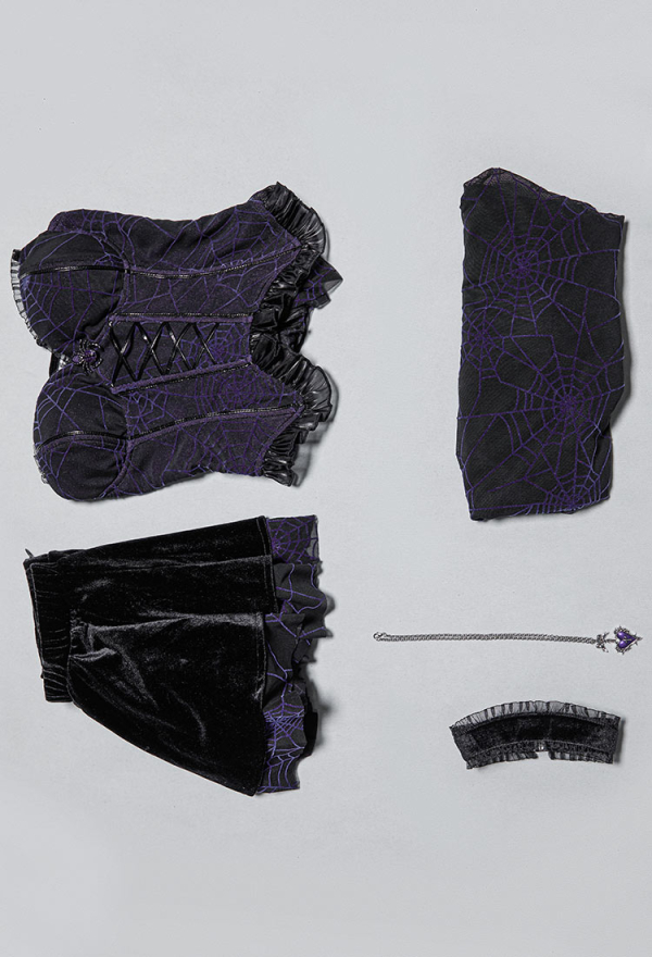 Gothic Black Purple Corset Skirt Set Spiderweb Pattern Cami Corset and Skirt with Cover-Up
