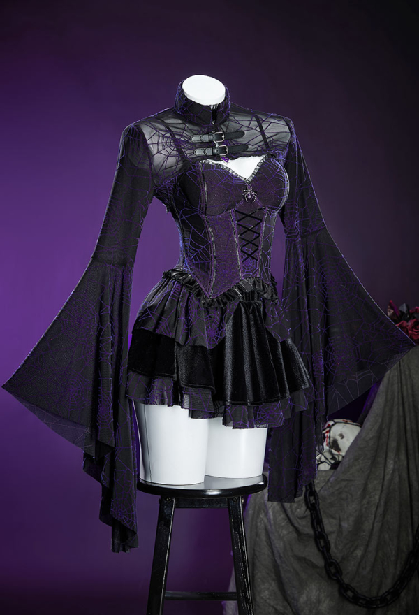 Gothic Black Purple Corset Skirt Set Spiderweb Pattern Cami Corset and Skirt with Cover-Up