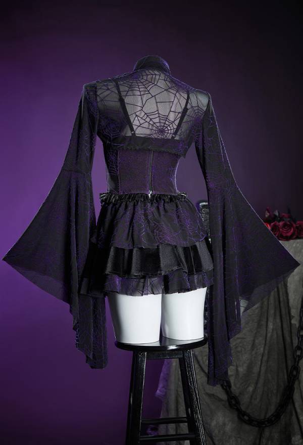 Gothic Black Purple Corset Skirt Set Spiderweb Pattern Cami Corset and Skirt with Cover-Up