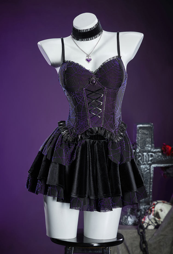 Gothic Black Purple Corset Skirt Set Spiderweb Pattern Cami Corset and Skirt with Cover-Up