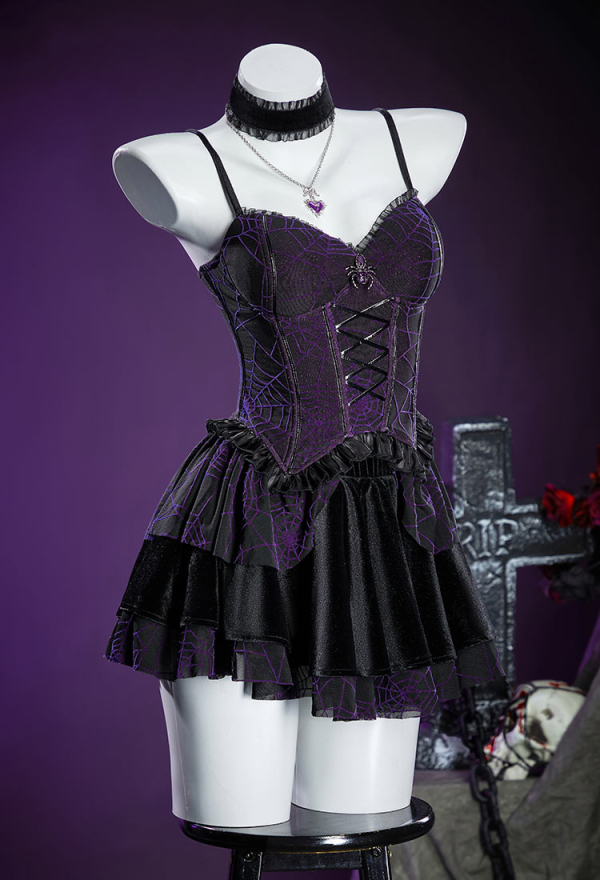 Gothic Black Purple Corset Skirt Set Spiderweb Pattern Cami Corset and Skirt with Cover-Up