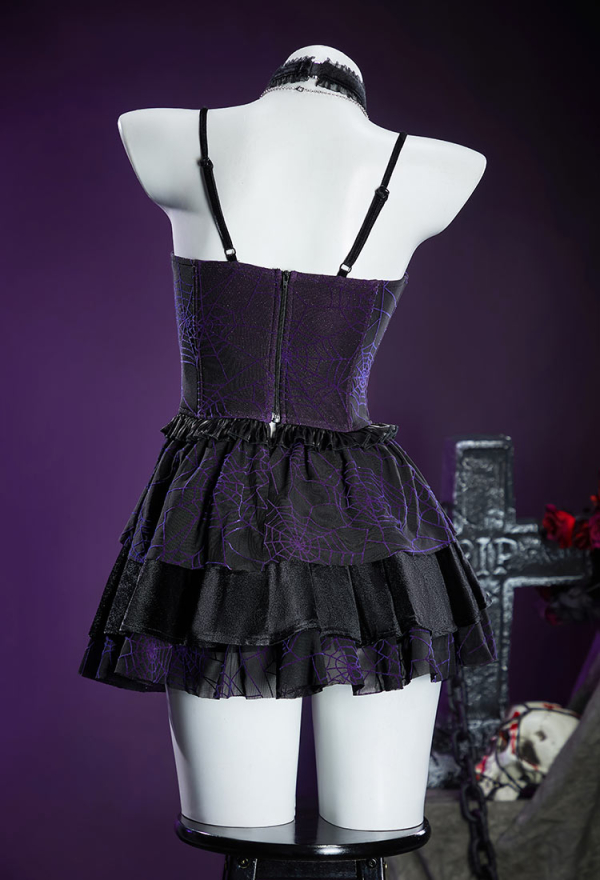 Gothic Black Purple Corset Skirt Set Spiderweb Pattern Cami Corset and Skirt with Cover-Up