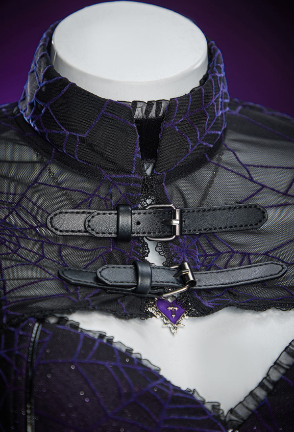 Gothic Black Purple Corset Skirt Set Spiderweb Pattern Cami Corset and Skirt with Cover-Up