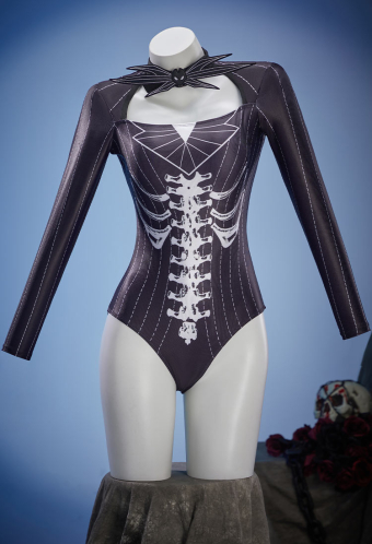 Sweet Nightmare Gothic Black Bone Print One-Piece Swimsuit Dark Style Striped Bathing Suit with Bat Accessory