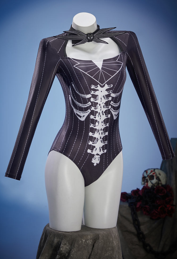 Sweet Nightmare Gothic Black Bone Print One-Piece Swimsuit Dark Style Striped Bathing Suit with Bat Accessory