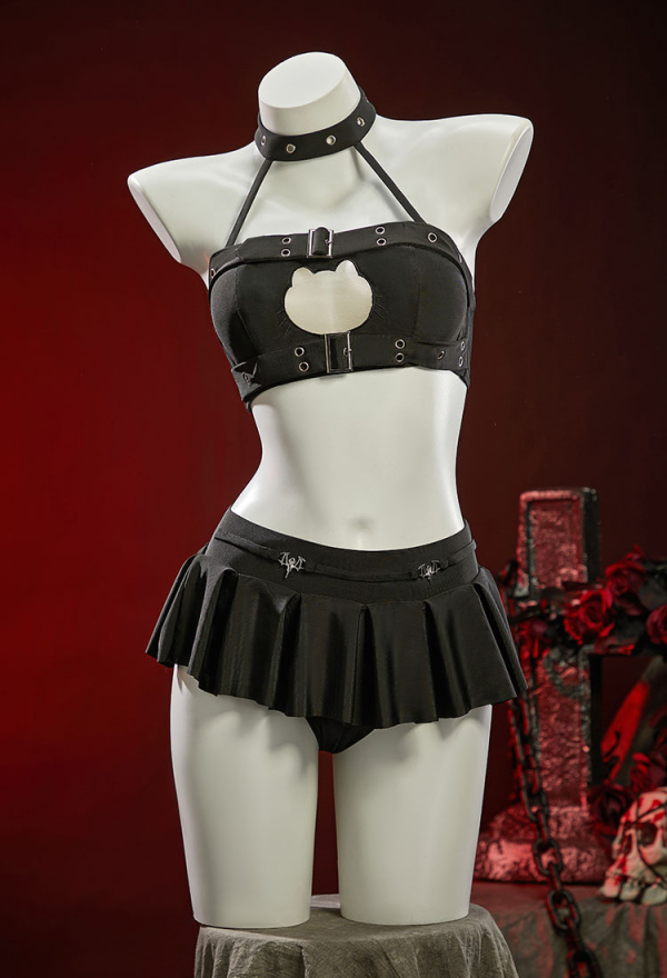 Dark Rebel Gothic Black Cutout Swimsuit Punky Buckle Two-Piece Beach Wear Halter Top and Mini Skirt Dark Rebel Gothic Black Cutout Swimsuit Punky Buckle Two-Piece Beach Wear Halter Top and Mini Skirt