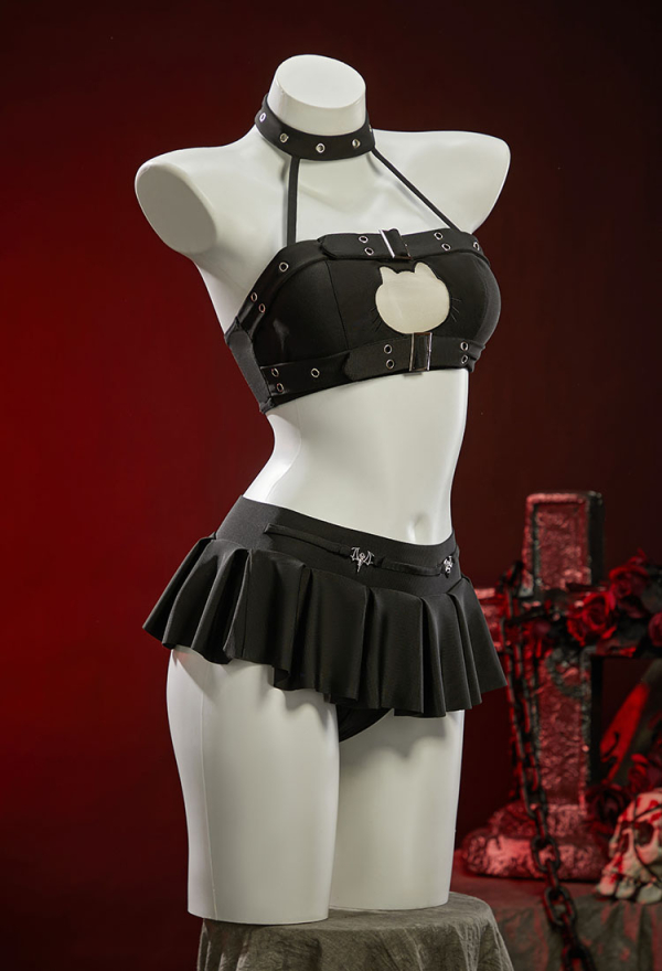 Dark Rebel Gothic Black Cutout Swimsuit Punky Buckle Two-Piece Beach Wear Halter Top and Mini Skirt Dark Rebel Gothic Black Cutout Swimsuit Punky Buckle Two-Piece Beach Wear Halter Top and Mini Skirt