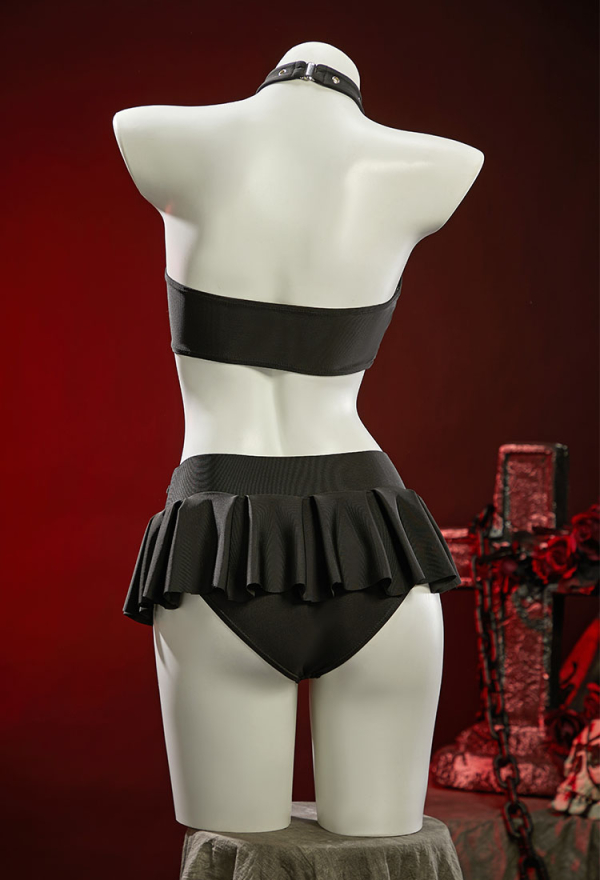Dark Rebel Gothic Black Cutout Swimsuit Punky Buckle Two-Piece Beach Wear Halter Top and Mini Skirt Dark Rebel Gothic Black Cutout Swimsuit Punky Buckle Two-Piece Beach Wear Halter Top and Mini Skirt