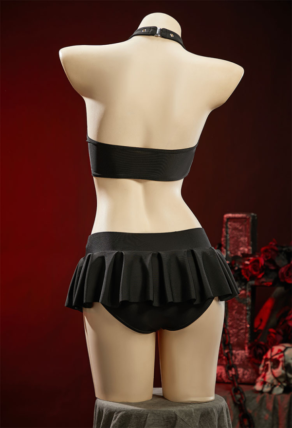 Dark Rebel Gothic Black Cutout Swimsuit Punky Buckle Two-Piece Beach Wear Halter Top and Mini Skirt Dark Rebel Gothic Black Cutout Swimsuit Punky Buckle Two-Piece Beach Wear Halter Top and Mini Skirt