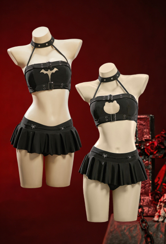 Dark Rebel Gothic Black Cutout Swimsuit Punky Buckle Two-Piece Beach Wear Halter Top and Mini Skirt