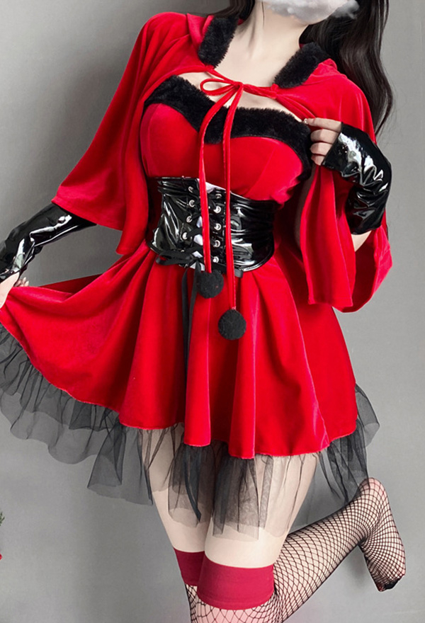 Christmas Gothic Red Dress Set Little Devil Mesh Patchwork Dress with Hooded Cape and Waistband Christmas Gothic Red Dress Set Little Devil Mesh Patchwork Dress with Hooded Cape and Waistband