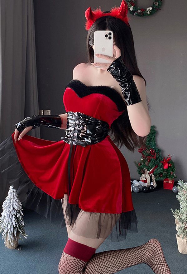 Christmas Gothic Red Dress Set Little Devil Mesh Patchwork Dress with Hooded Cape and Waistband Christmas Gothic Red Dress Set Little Devil Mesh Patchwork Dress with Hooded Cape and Waistband