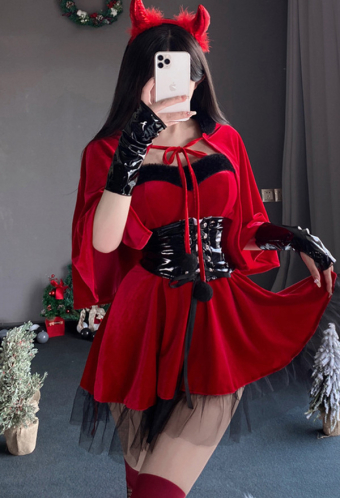 Christmas Gothic Red Dress Set Little Devil Mesh Patchwork Dress with Hooded Cape and Waistband